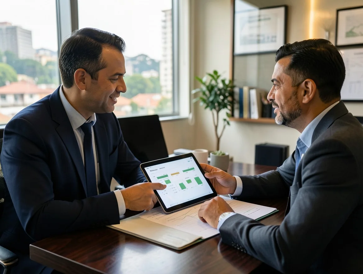 Consultor financiero conversa con un empresario sobre planeación